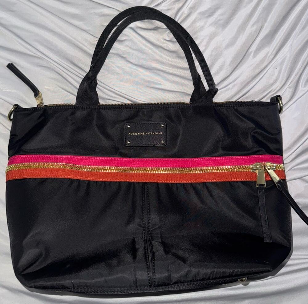 Adrienne Vittadini Black Nylon Laptop Tote Bag Convertible Shoulder Crossbody